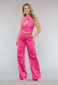Roze Wide Leg Satin Utility Broek
