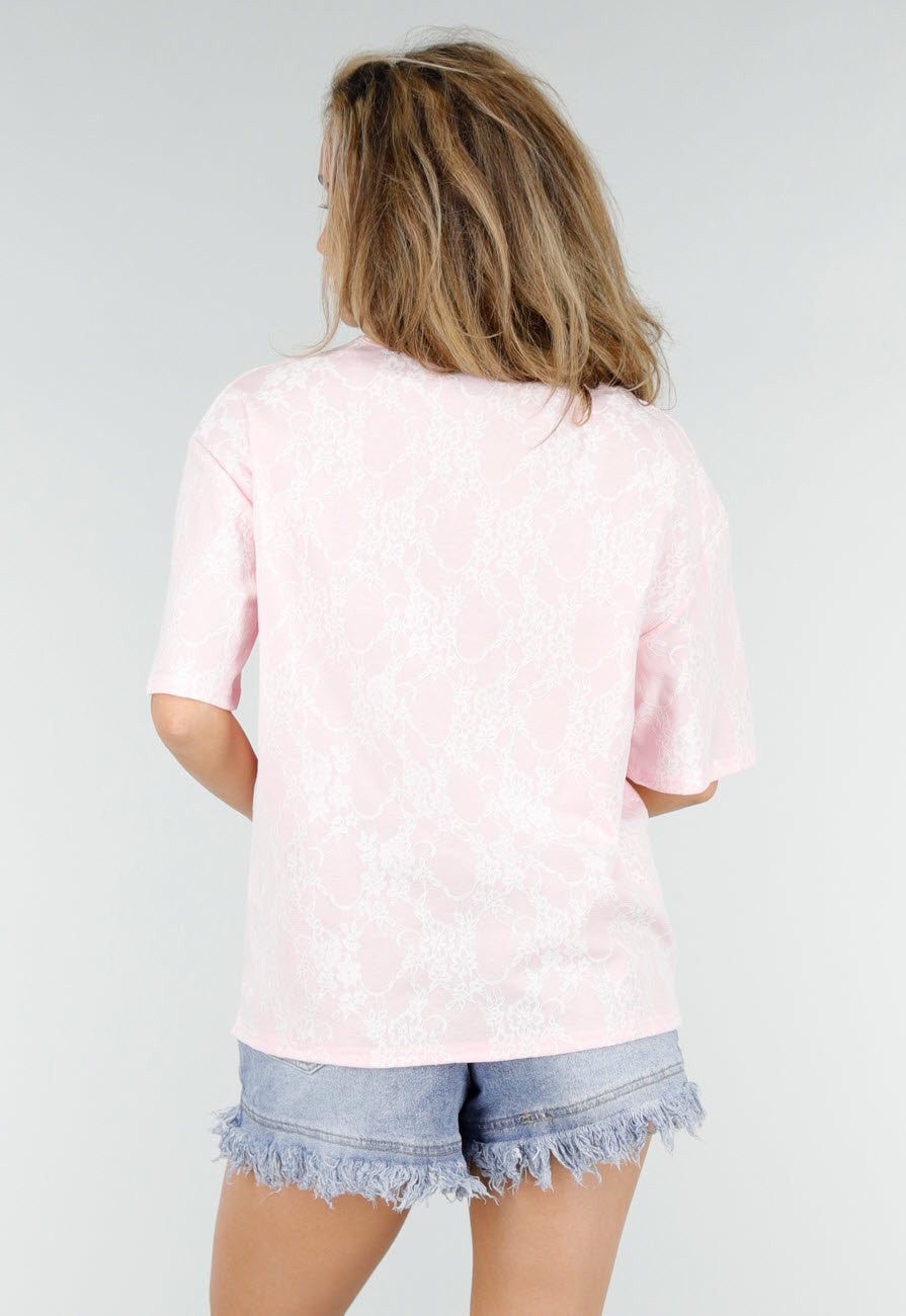 Lichtroze Kanten T-shirt met Korte Mouwen en Ronde Hals