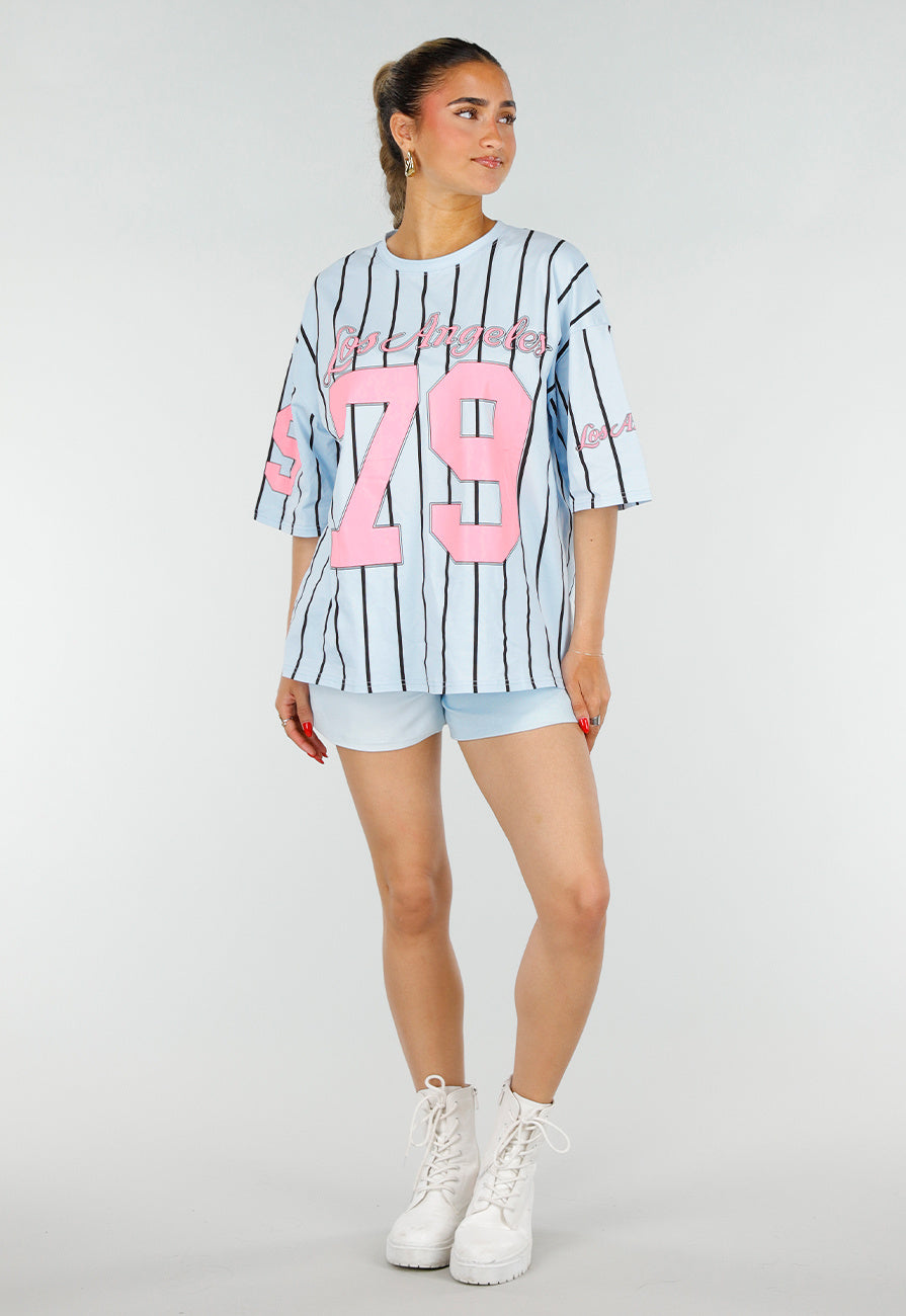 Oversized Lichtblauw Jersey Shirt met Roze Print en Strepen