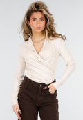 Beige Overslag Top met Lange Mouwen en Stretch