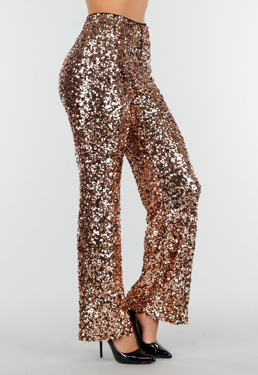 Goudkleurige Pailletten Broek met Hoge Taille en Rechte Pijpen