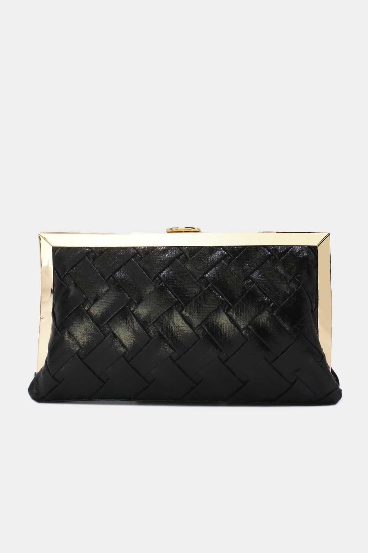 Zwarte Gevlochten Clutch van Imitatieleer met Gouden Rand en Afneembare Schouderketting
