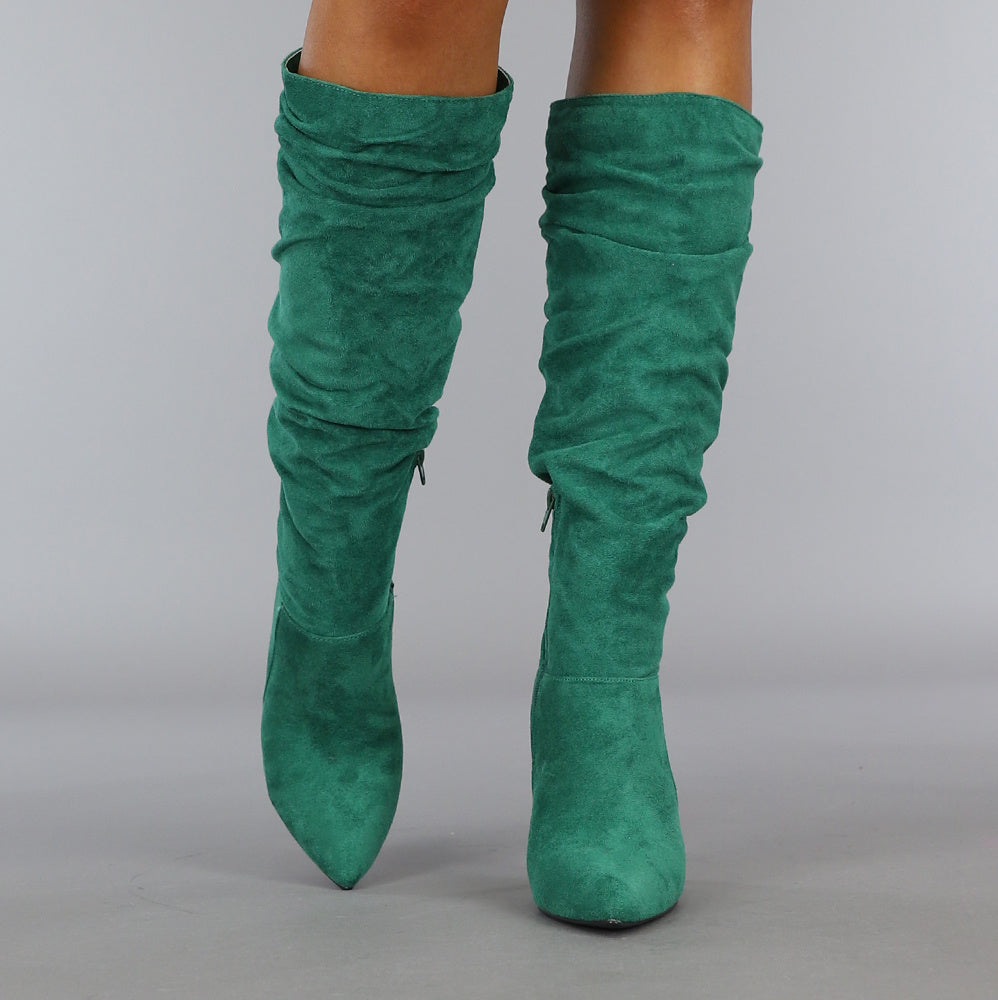 Groene Geplooide Laars met Stiletto Hak