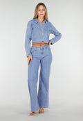Lichtblauwe Mid Waist Wide Leg Jeans met Raw Edge Zoom