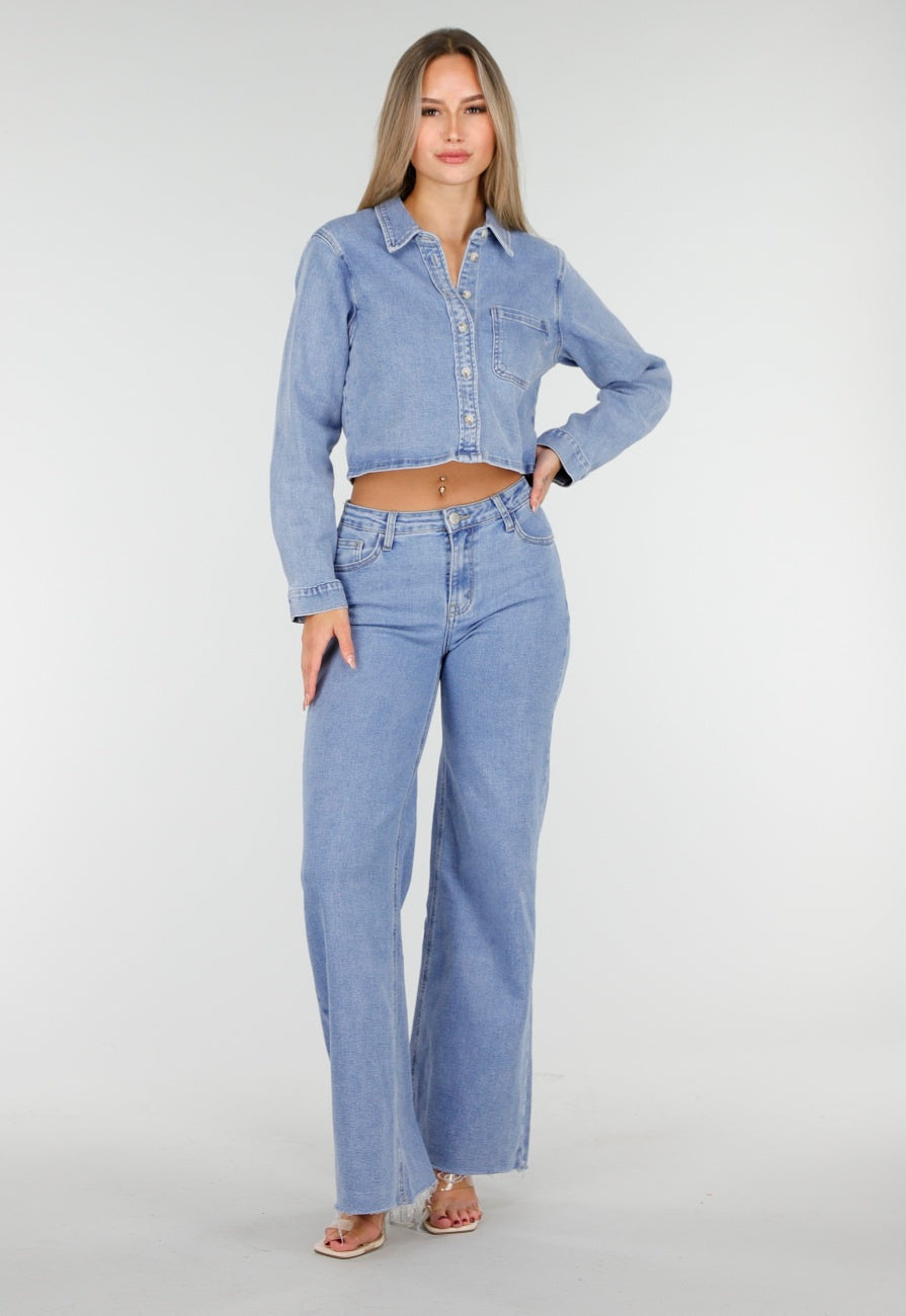 Lichtblauwe Mid Waist Wide Leg Jeans met Raw Edge Zoom