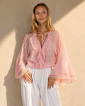 Roze Chiffon Blouse met Ruches en Knoopsluiting
