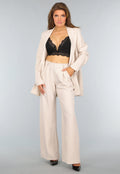 Beige Wide Leg Pantalon met Streepjes Patroon