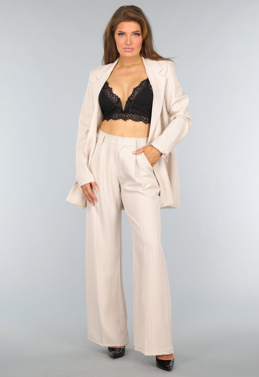 Beige Wide Leg Pantalon met Streepjes Patroon