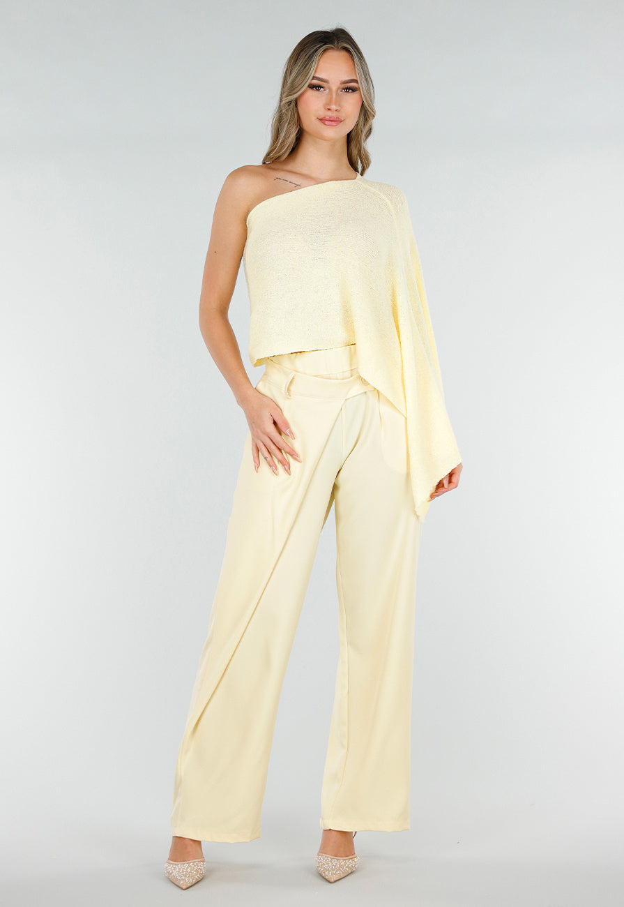 Pastel Gele One Shoulder Top met Wijde Mouwen