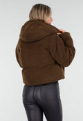 Bruine Teddy Puffer Jas met Hoge Kraag en Capuchon