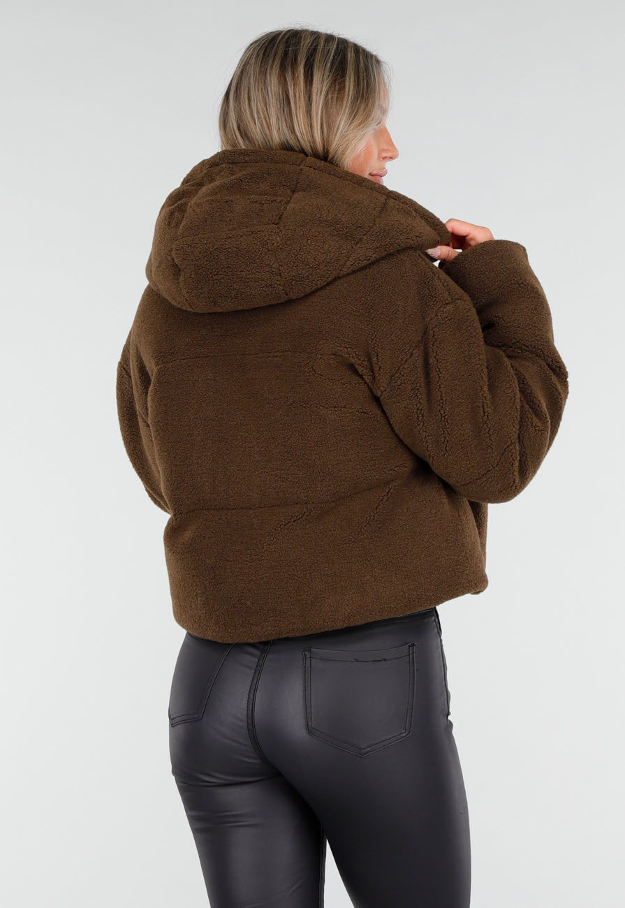 Bruine Teddy Puffer Jas met Hoge Kraag en Capuchon
