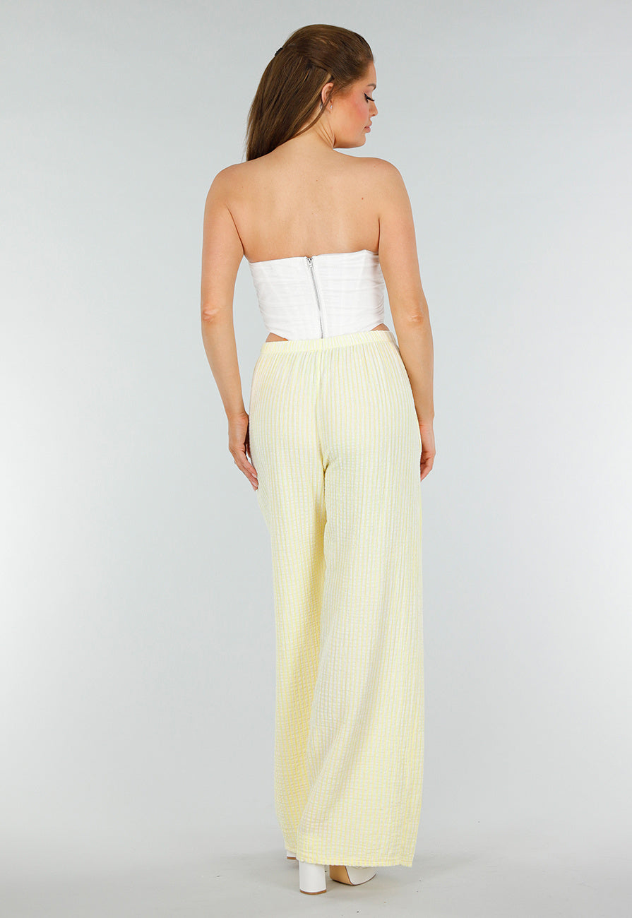 Geel Witte High Waist Broek van Katoen met Sierstrik