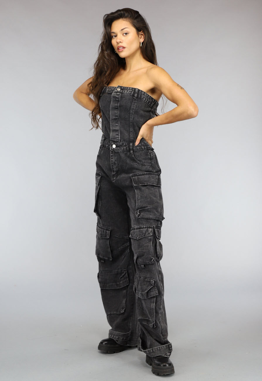 Strapless Denim Cargo Jumpsuit