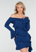 Petrolkleurige Off Shoulder Jurk met Volants en Lange Mouwen
