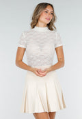 Gebroken Witte Gehaakte Stretch  Top met Col en Korte Mouwen