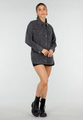 Donkergrijze Denim Blouse met Drukknoopsluiting en Lange Mouwen