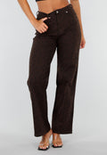 Donkerbruine Denim Straight Leg Jeans met Zwarte Stippen en Hoge Taille