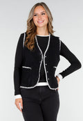 Zwart Teddy Gilet met Witte Randen en Knoopsluiting