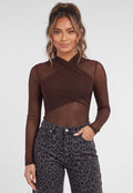 Bruine Mesh Body met Lange Mouwen en Gedrapeerde Hoge Hals