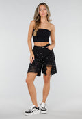 Zwarte Denim Bermuda Shorts met Strass en Destroyed Details Voor Dames