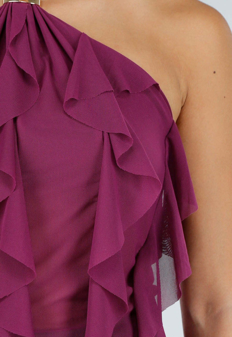 Paarse Haltertop met Volants en Gouden Detail