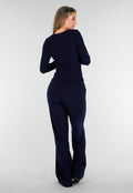 Donkerblauwe Zachte Stretch Top met Ronde Hals en Lange Mouwen