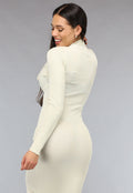 Crème Rib Bodycon Midi Jurk met Lange Mouwen