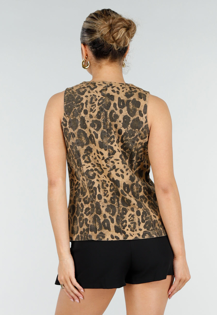 Bruine Denim Leopard Print Top met Striksluiting en Mouwloos Model