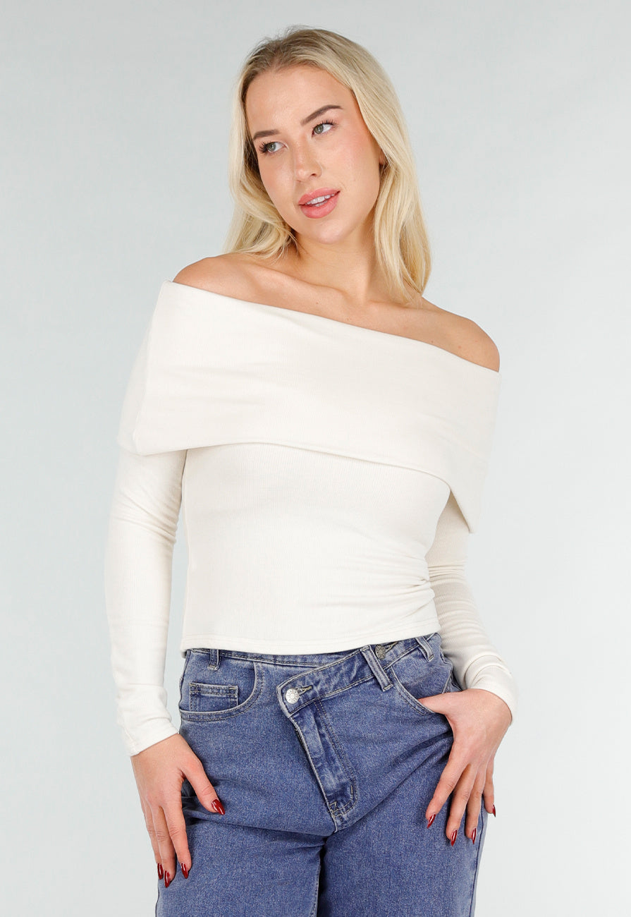 Ecru Off Shoulder Top met Lange Mouw