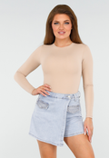 Beige Basic String Bodysuit met Stretch en Lange Mouwen