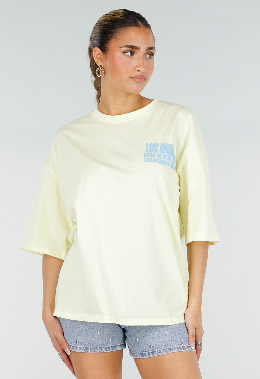 Lichtgeel Oversized T-shirt met Blauwe Tekst en Korte Mouwen