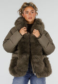Khaki Korte Puffer Winterjas met Afneembare Bontkraag