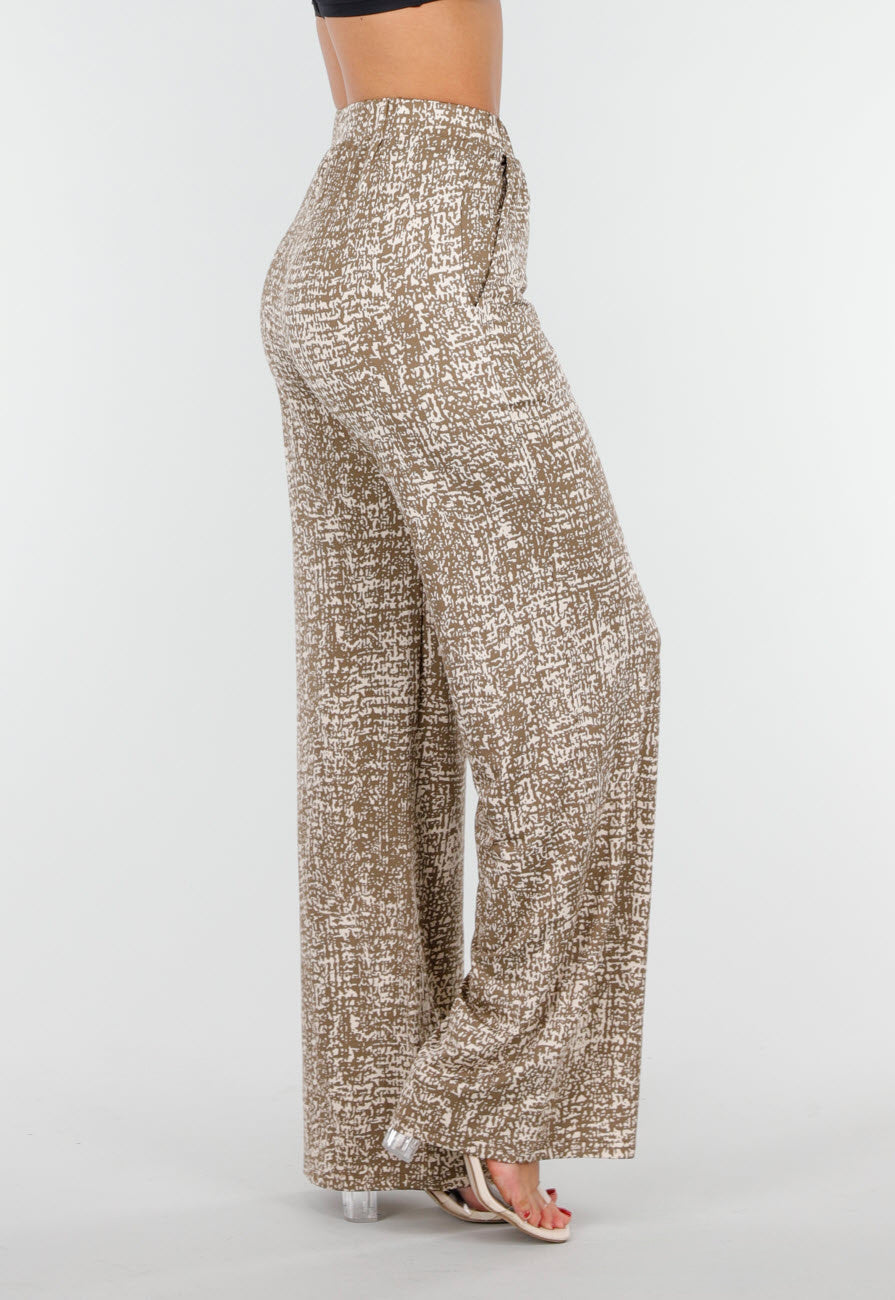 Camelkleurige Stretchbroek met All-Over Print en Rechte Pijpen