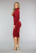 Rode Geplooide Bodycon Jurk met Lange Mouwen