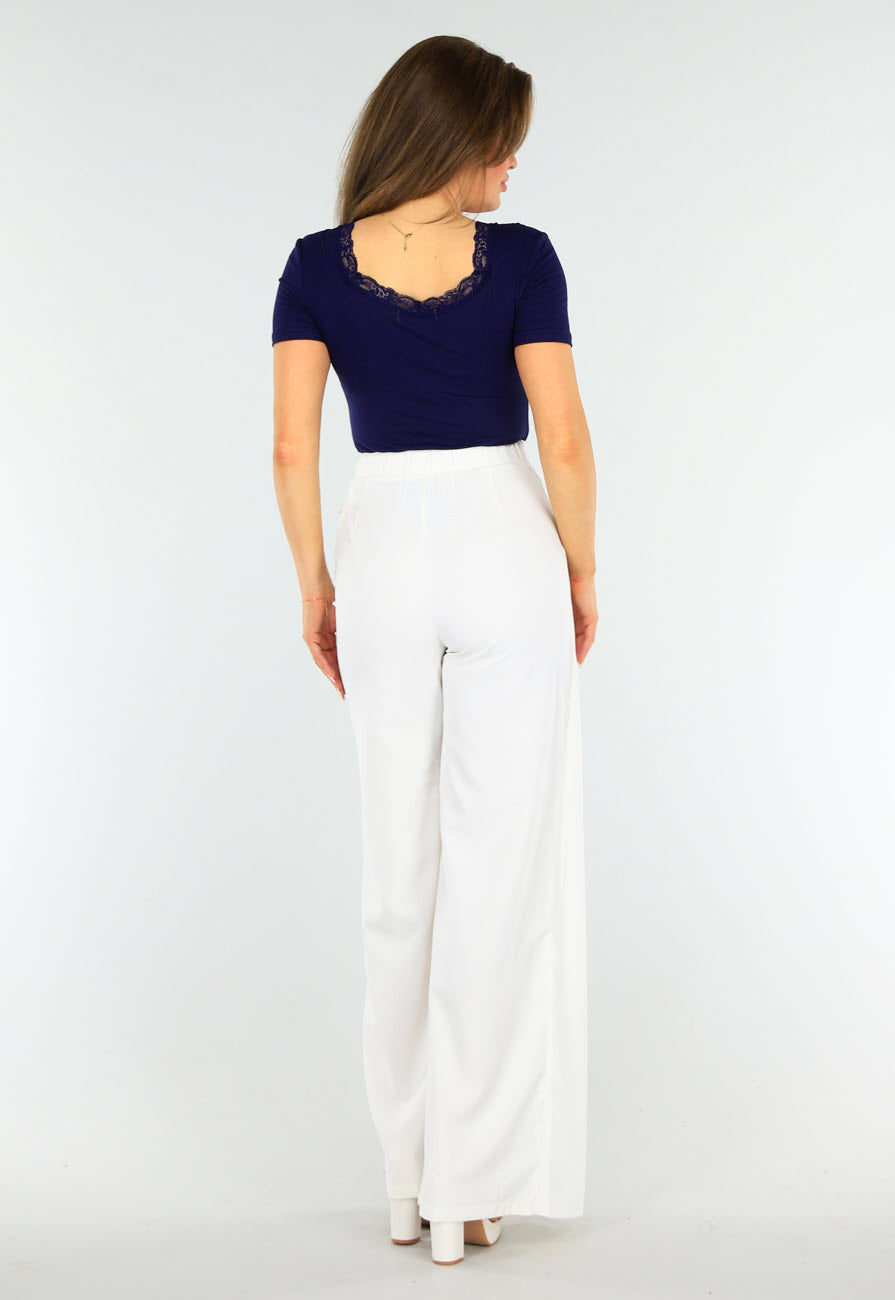 Donkerblauwe Stretch Top met Kanten Randje Ronde Hals