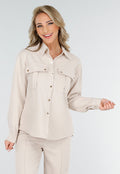 Beige Tweedelige Set met Blouse met Borstzakken en Wijde Broek