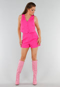 felroze Set met Gilet Top, Korte Broek en Golftextuur
