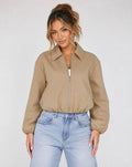 Beige Cropped Bomberjack met Ritssluiting en Ballonmouwen