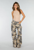 Beige Camouflage Wide Leg Broek met Lage Taille