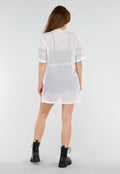 Witte Mesh T-Shirtjurk met Zilveren Glitters en Jerseyprint