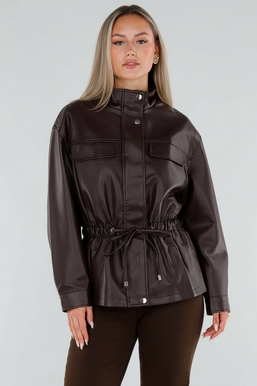 Bruine Lederlook Jas met Hoge Kraag en Taillekoord