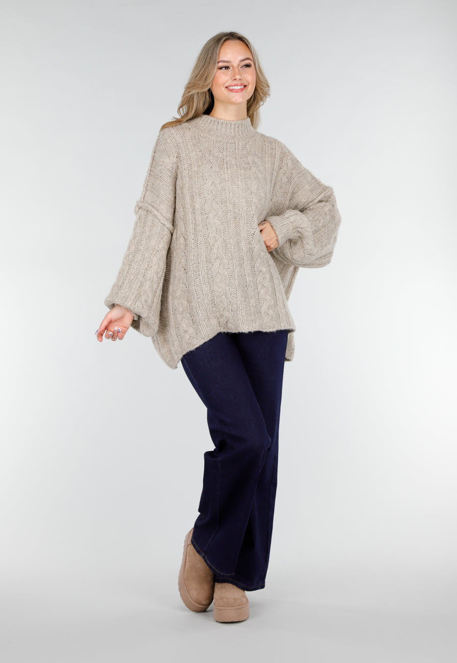 Beige Gebreide Trui met Kabelpatroon en Pofmouwen
