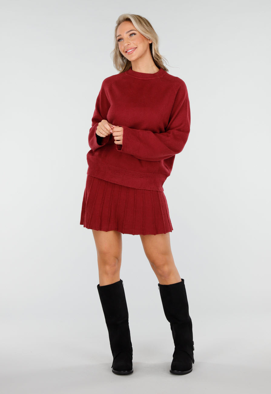 Bordeauxrode Gebreide 2-Piece Set met Trui en Rok