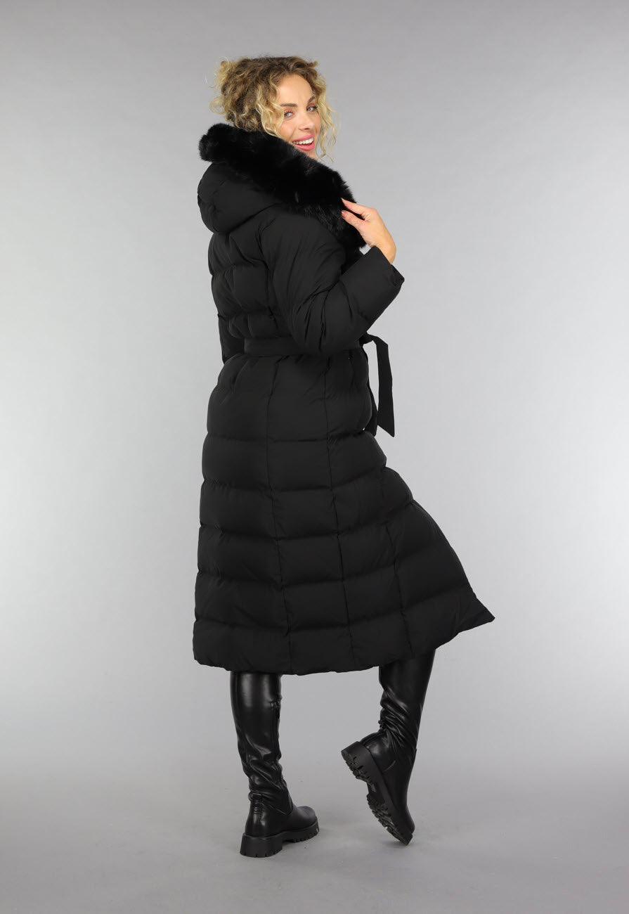 Zwarte Lange Pufferjacket met Bontkraag