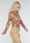 Bruine Semi-Transparante Mesh Top met Paisley Print