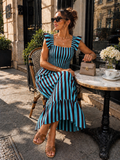 Blauw Gestreepte Midi Jurk met Smockdetail en Ruffle Mouwen