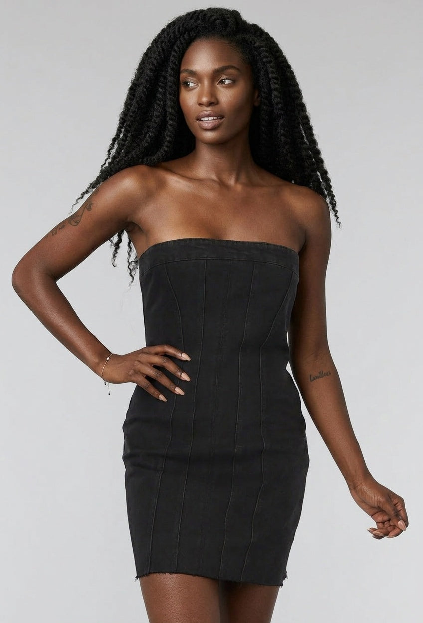 Zwart Strapless Denim Jurkje