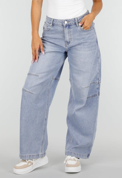 Lichtblauwe Barrel Jeans met Siernaden en Lange Pijpen