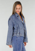 Blauw Kort Denim Jasje met Revers en Dubbele Knoopsluiting