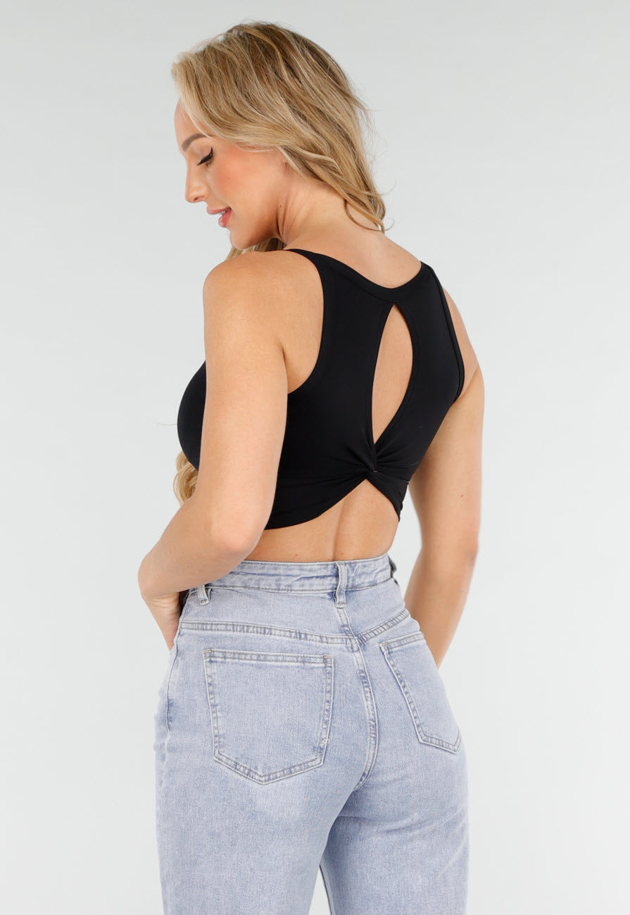 Zwarte Crop Top met Open Twist Rug en Brede Bandjes